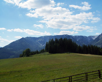 Vom Nachbaranwesen hat man auch einen schönen Überblick auf unsere Farm und die Schneealm dahinter