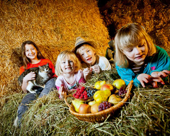 Johanna mit Valentin, Viola und Gloria im Heu