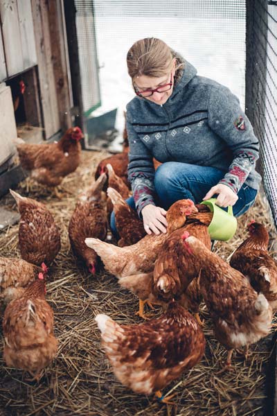 Brigitte füttert ihre Hühner